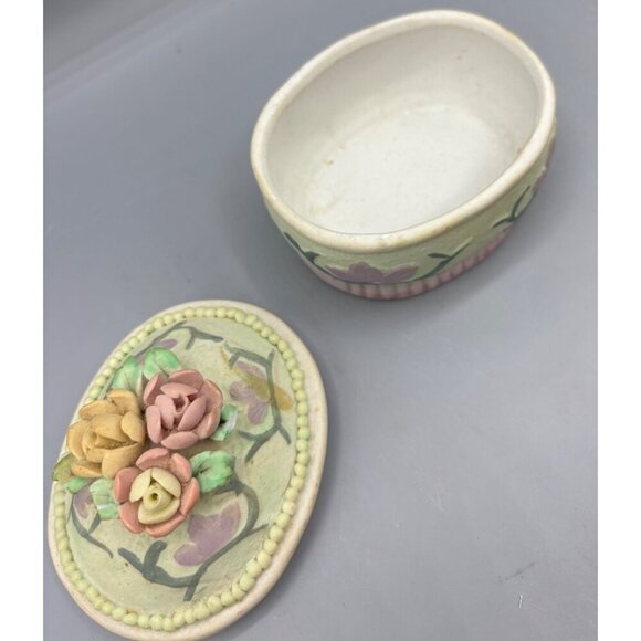 Vtg Floral Porcelain Trinket Box Rose Floral Lid‎ Stash Decorative Oval - Picture 2 of 6